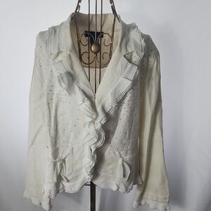 Linen Cotton Blend Ruffled Sequin Jacket Blazer Creamy White Size 16 Peasant